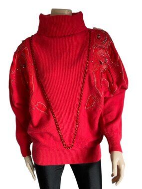 VTG 80s Miss Orly Angora Lambswool Beaded Leather Rose Turtleneck Sweater M NWT